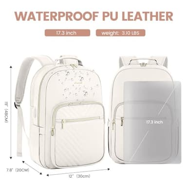 LOVEVOOK Leather Backpacks for Women,17.3 inch Leather Laptop Backpack Women Computer Backpack Laptop Bag,Stylish Quilted Travel Backpack Purse Work College Teacher Backpacks with USB Port,Off-white - Image 4
