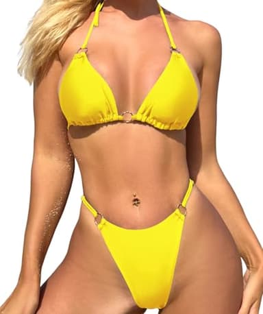 MIKETAI Sexy Bikinis for Women 2 Piece Bikini Spaghetti Strap Swimsuits Solid Color Bathing Swimwear Triangle Bathing Suit (US, Alpha, Small, Regular, Regular, Yellow) - Image 2