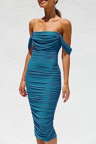 PRETTYGARDEN Wedding Guest Dress 2025 Summer Off Shoulder Ruched Elegant Sexy Bodycon Homecoming Cocktail Party Midi Dress (Lake Blue,X-Large) - Image 4