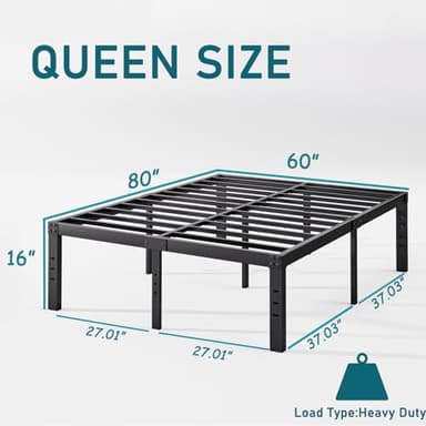 Neslime 16 Inch High Metal Queen Bed Frame Platform, Heavy Duty Bed Frame Queen Size, Steel Slat Support, Easy Assembly, Noise Free, Black - Image 3