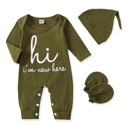 GRNSHTS Newborn Baby Boy Romper Coming Home Outfits Letter Print Bodysuit Jumpsuit+Hat+Gloves 3PCS Clothes Set (Army Green, Newborn) - Image 1