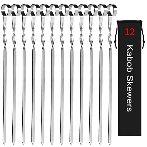 Kabob Skewers 14" Stainless Steel Long BBQ Barbecue Skewers, Flat Metal Kebob Sticks Wide Reusable Grilling Skewers for Meat Chicken, Set of 12pcs with Storage Bag by JY COOKMENT - Image 1