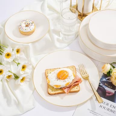 Nervure 100Pcs Ivory and Gold Plastic Plates - 10.25inch Disposable Ivory Dinner Plates - Heavy Duty Plastic Plate Ideal for Wedding & Party & Thanksgiving - Image 2