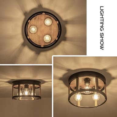 MAYNA 3-Light Retro Farmhouse Flush Mount Round Vintage Metal and Wood Ceiling Light Fixtures, Rustic Ceiling Lamp for Kitchen, Hallway, Entryway, Bedroom, Dining Room - Image 3