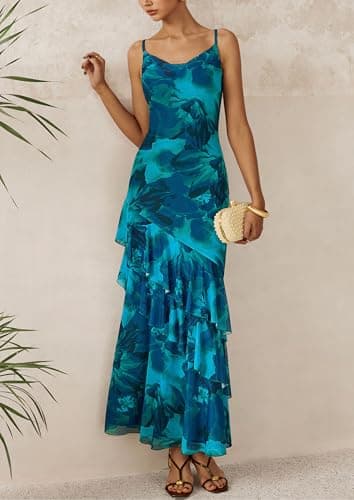 PRETTYGARDEN Maxi Dresses for Women 2025 Summer Tiered Floral Beach Sundress Spaghetti Strap Wedding Guest Long Dress (Print Blue Green,Medium) - Image 8