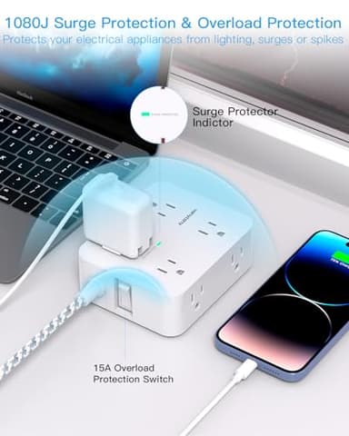 Surge Protector Power Strip - HANYCONY 8 Outlets 4 USB (2 USB C) Charging Ports, Multi Plug Outlet Extender, 5Ft Braided Extension Cord, Flat Plug Wall Mount Desk Charging Station for Home Office ETL - Image 3