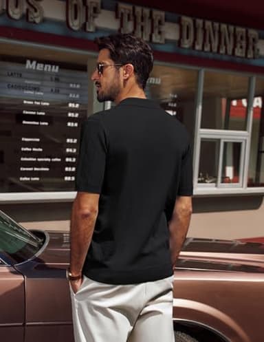 PJ PAUL JONES Mens Polo Shirts Short Sleeve Textured Knit Golf Shirts Collared V Neck Polo Shirts Black - Image 4