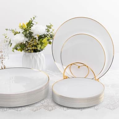 Bestluck 100PCS White Plastic Plates with Gold Rim, White Gold Disposable Plates for Party, Wedding, Include 50 Dinner Plates, 50 Dessert Plates for 50 Guests - Image 6
