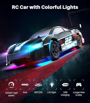 DODOELEPHANT RC Drift Car, 4WD, 2.4GHz Remote Control Vehicle with LED Lights, Drifting & Racing Tires, 2 Rechargeable Batteries, Gifts for Kids, Boys, Girls, Adults (Blue) - Image 2