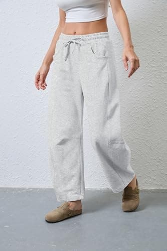 SeekMe Women's Barrel Leg Sweatpant Drawstring Elastic Waisted Wide Leg Pants Casual Cotton Palazzo Trousers with Pockets (0009-White-S) - Image 4