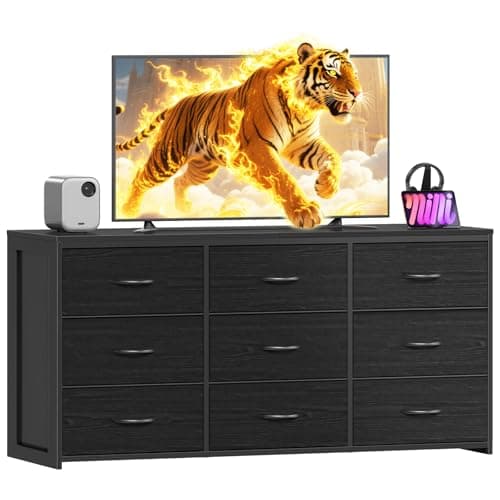 OURPIC Black Dresser for Bedroom, Long Dresser for Closet, 9 Drawer TV Stand for 65 Inch TV, 15.75” Deepth Fabric Drawer, Chest of Drawer Large Storage Organizer, Hallway Furniture, Wooden Top Side - Image 1
