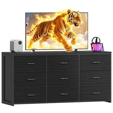 OURPIC Black Dresser for Bedroom, Long Dresser for Closet, 9 Drawer TV Stand for 65 Inch TV, 15.75” Deepth Fabric Drawer, Chest of Drawer Large Storage Organizer, Hallway Furniture, Wooden Top Side - Image 1