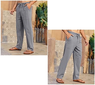 Gafeng Mens Linen Pants Yoga Beach Loose Fit Casual Summer Elastic Waist Drawstring Baggy Trousers with Pockets Gray - Image 3