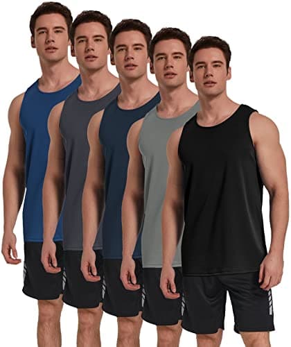 TELALEO 5 Pack Men's Workout Tank Tops Sleeveless Mesh Muscle Gym Shirt Quick Dry Black/Gray/Charcoal/Navy/Blue M - Image 1
