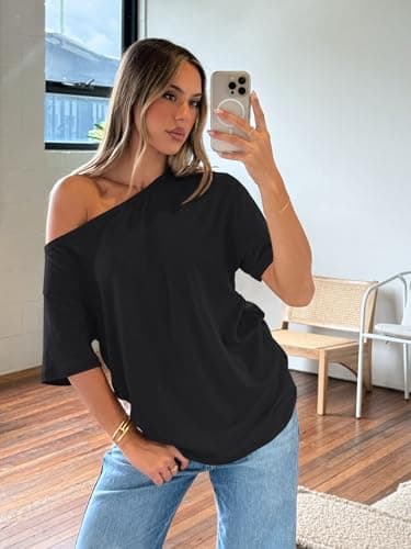 Trendy Queen Womens Off The Shoulder Tops Oversized T-Shirts Short Sleeve Tees Summer 2025 Casual Spring Fashion Clothes Black L - Image 5