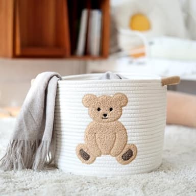 INough Cotton Rope Basket Toy Storage Baskets for kids Laundry Hamper, Gift Basket Empty Baby Shower Baskets with Handles, Cute Bins Blanket Stuffed Animal Storage for Nursery, Living Room Decor, Bear - Image 5