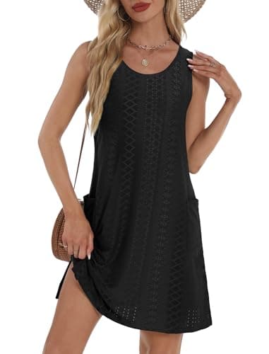 Summer Dresses for Women Dressy Casual Swimsuit Coverup 2025 Loose Flowy Tank Dress Sundresses with Pockets Eyelet Black M - Image 1