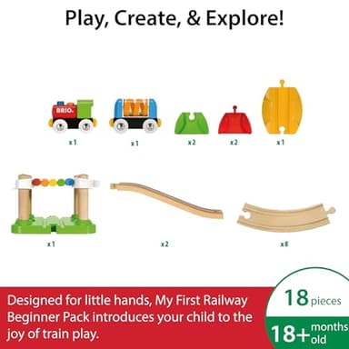 BRIO My First Railway Beginner Pack - 18-Piece FSC-Certified Wood Train Set - Compatible with All BRIO Sets - Includes Rainbow Bridge & Rattle Wagon - Safe Play - Toddlers Ages 18 Months & Older - Image 3