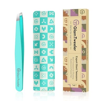 Expert Eyebrow Hair Removal Tweezer with Leather Case, GlamTweeler High Precision Slant Tip Stainless Steel Tweezers for Men and Women (Robin's Egg Blue) - Image 1