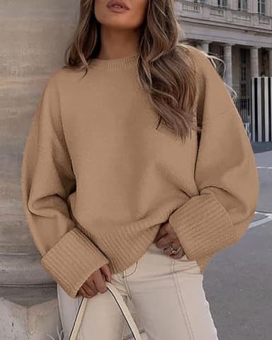 PRETTYGARDEN Women's Fall Oversized Sweaters Casual Crewneck Pullover Long Sleeve Fuzzy Chunky Knit Tops Blouse (Khaki,Large) - Image 5