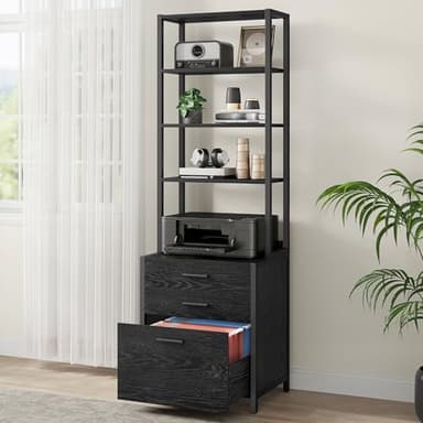 VASAGLE File Cabinet, Home Office Filing Cabinet with Height-Adjustable Open Shelves, 3 Drawers, for A4, Letter-Size Hanging File Folders, Steel Frame, for Home Office, Ebony Black UOFC078B16 - Image 1