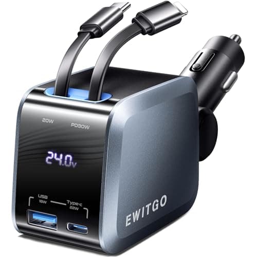 EWITGO Retractable Car Charger, Car Accessories, 72W Fast Charging USB C Car Charger with 4FT Retractable Cables and 2 Ports, for iPhone 16 15 14 13 12, Samsung etc Warm Grey - Image 1