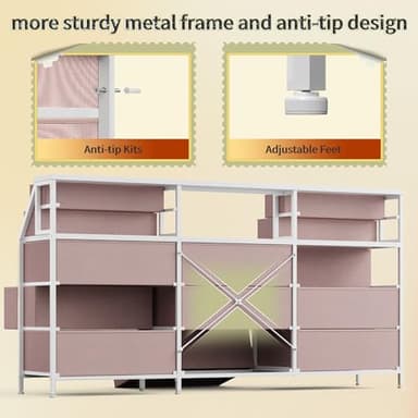 Romorgniz 55" W Pink Dresser for Bedroom with Deep Fabric Drawers, Long Chests of Drawers with 2 Open Wooden Shelves, Large Vanity Dressers for Entryway, Dorm, Sturdy Metal Frame, Wood Top - Image 7