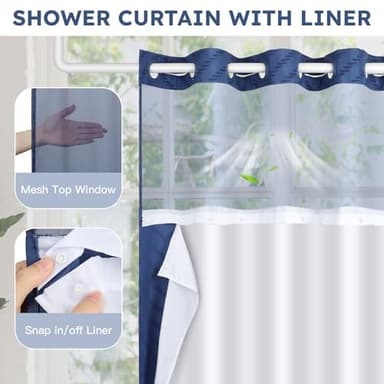 FADOTY No Hook Shower Curtain and Snap in Liner Set Navy Blue Tufted Chevron Striped Cloth Waterproof Washable Fabric Boho Bath Curtain with See Through Mesh Top Window for Bathroom Hotel 71" x 74" - Image 3