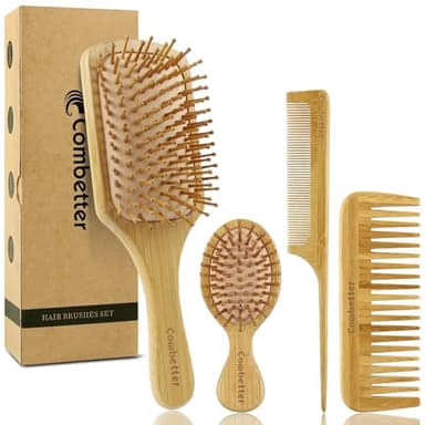 100% Bamboo Hair Brushes and Comb Set by Combetter, Comb for Women and Detangling, Great on All Hair, Eco-Friendly and Handmade for Women Men and Kids - Image 1