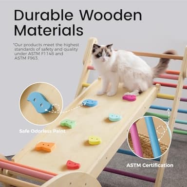 Tiny Land Pikler Triangle Set, 7-in-1 Foldable Pikler Triangle Climbing Toys Set for Kids,Baby Indoor Playground Jungle Gym, Wooden Montessori Climbing Set for Toddler (Rainbow) - Image 6