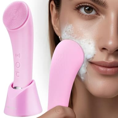 PRITECH Facial Cleansing Brush, Rechargeable Silicone Face Scrubber with Heat Massage End, Vibrating Exfoliator Scrubber for Deep Cleaning, Waterproof Face Brush for Women and Men (Pink) - Image 1