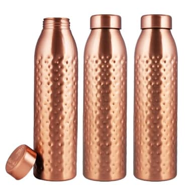 NORMAN JR, Copper Water Bottle 1L - Gift Box of 3, Hammered, an Ayurvedic vessel made from pure copper - helps you drink more water, with many health benefits - Image 1