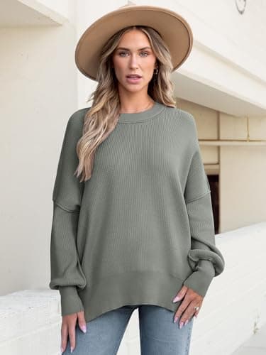 ANRABESS Women Oversized Sweaters Batwing Long Sleeve 2025 Fall Outfits Crewneck Casual Knit Side Slit Fashion Pullover Top Khaki Green Medium - Image 7