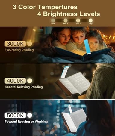 VTIGER Reading Light, USB Rechargeable Book Light for Reading in Bed,Foldable Clip-on LED Booklight, 3 Amber Colors & 4 Brightness Dimmable,Long Lasting Portable Bookmark Lamp for Book Lovers, Kids - Image 2