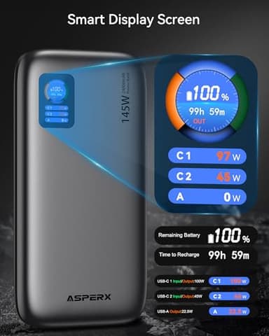 AsperX Laptop Power Bank,24,000mAh 145W PD 3.1 Fast Charging Portable Charger, TFT Smart Display USB C Battery Pack(86.4Wh) for MacBook/iPhone 17/Dell XPS/Galaxy S25/Steam Deck/ipad (Flight-Approved) - Image 6