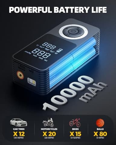 Cordless Tire Inflator Portable Air Compressor, Smart Air Pump for Car Tire with Digital Pressure Gauge, LED Light, 12V Car Power Adapter, Storage Box, Car, Motorcycle, Ball, BikePump - Image 4