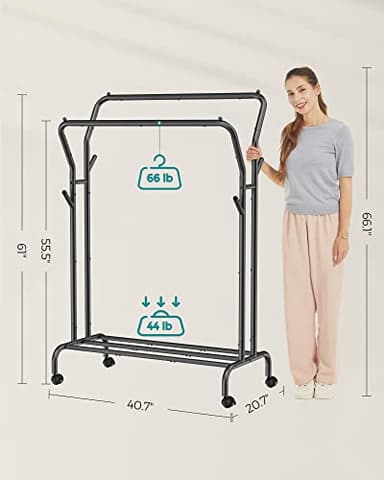 SONGMICS Clothes Rack, Double-Rod Clothing Rack for Hanging Clothes with Wheels, Garment Rack, Metal Frame, 220 lb Max. Total Load, 40.7 Inches Wide, Clothes Storage and Display, Black UHSR107B01 - Image 2