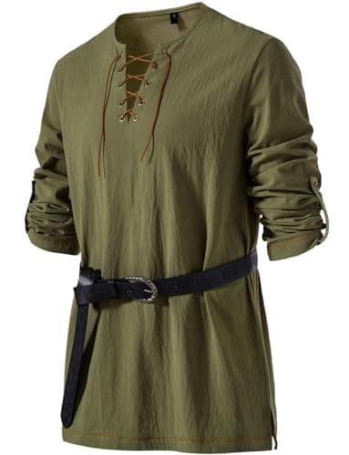 JEMITOP Men's Renaissance Costume Retro Lace Up Shirts for Pirate Viking Medieval Vampire Halloween Cosplay Without Belt Army Green XXL - Image 1