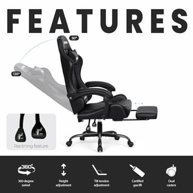 N-GEN GAMING Video Gaming Chair with Footrest Lumbar Support for Home Office High Back Recliner Height Adjustable Ergonomic Comfy Leather Computer Desk Chair (Black) - Image 5