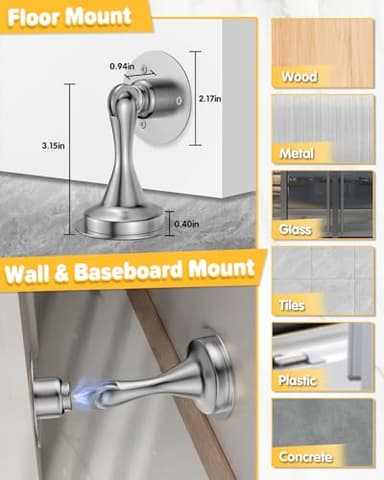 Door Stoppers Magnetic Door Catch - 2 Pack Stainless Steel Heavy Duty Door Holder Stops for Bottom Top of Door - Wall Floor Mounting No Drill 3M Adhesive & Screws Strong Magnet Keep Door Open(Silver) - Image 3