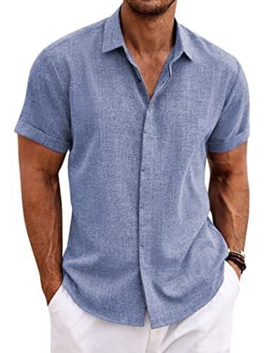 COOFANDY Men's Linen Shirt Casual Shirts Short Sleeve Shirts Button Down Linen Beach Shirts for Men Summer Outfit Denim Blue - Image 1
