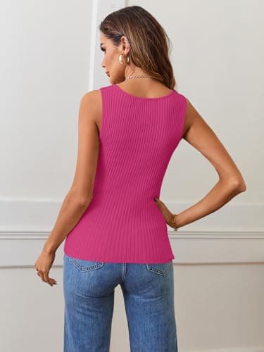 MEROKEETY Women's Ribbed Knit Tank Tops 2025 Square Neck Sleeveless Summer Basic Shirts Sweater Vest Rose XL - Image 3