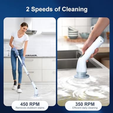 LABIGO Electric Spin Scrubber LA4 Pro, Dual Speed Bathroom Scrubber with Display & 6 Replacement Cleaning Heads, Cordless Power Scrubber with Adjustable & Detachable Handle for Bathroom Floor Tile - Image 2