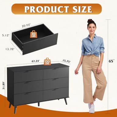 WLIVE Black Dresser for Bedroom, 47.24'' Wide 6 Drawer Wood Dresser Storage Organizer with Sturdy Metal Handle, TV Stand for 55 inch TV, Chest of Drawers for Living Room, Hallway, Closet - Image 3