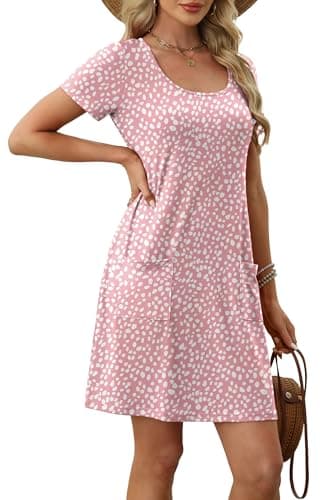 OFEEFAN Summer Dresses for Women 2025 Beach Vacation Loose U Neck T Shirts Casual Short Sleeve Dress Sundresses wih Pockets Trendy Floral 07 S - Image 3