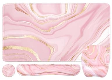 Keyboard Wrist Rest Large Mouse Pad Wrist Support for Computer, 4 in 1 Memory Foam Keyboard Pad Desk Mat Ergonomic Hand Rest Wrist Cushion for Home Office Gaming - Pink Marble - Image 1