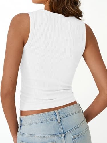 Trendy Queen White Tank Top Woman Summer 2025 Ribbed Racerback Sleeveless Workout High Neck Casual Beach Fashion Vacation Oufits Gym Clothes Going Out Slim Fitted Basic T-Shirts White M - Image 4