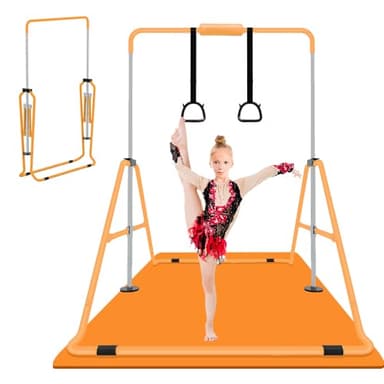 ZUETK Expandable Gymnastics Bar with Mat for Kids, Adjustable Height Junior Training Kip Bar, Folding Gymnastic Horizontal Bars Monkey Bar, Home Gym Equipment for Kid Gymnasts, Child, Girl, Boy - Image 1