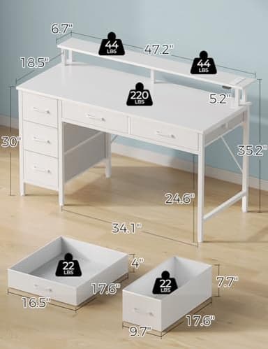 Seventable Computer Desk with Power Outlets & LED Light, 47 inch Home Office Desk with 5 Drawers, Writing Desk with Monitor Stand, Work Desk for Home Office, White - Image 3