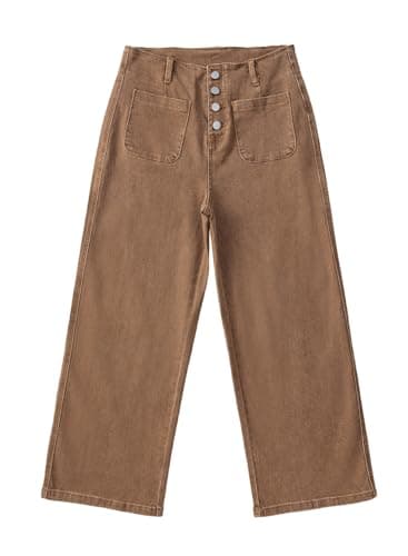 Sidefeel Women's Wide Leg Jeans High Waisted Stretchy Zimbaplatinum Straight Leg Jeans Buttoned Loose Denim Pants with Pocket Brown Size 14 - Image 4